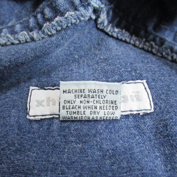 VTG Xhilaration Jean Overall Shorts Shortalls Women 11 Blue Denim Back Patch Y2K - Picture 11 of 12